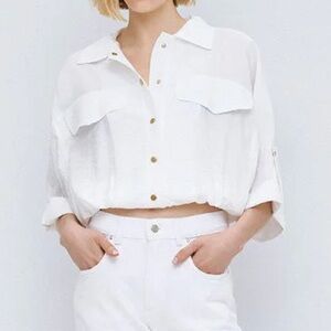 ZARA Off-White Blouson Snap Closure Shirt Jacket